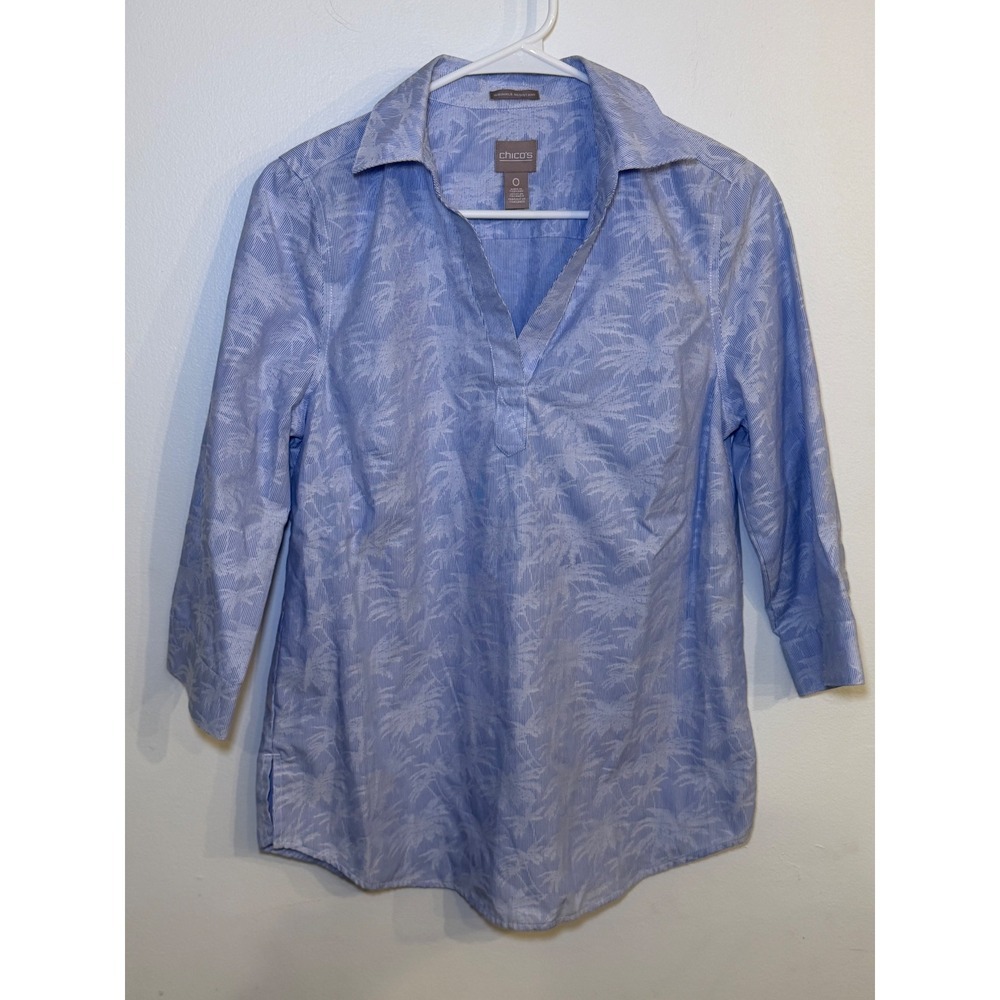 Chicos Blue White Striped Palm Print Cotton Blouse Chicos Sz 0 Small/4